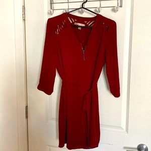 Burgundy shirt dress with tie belt